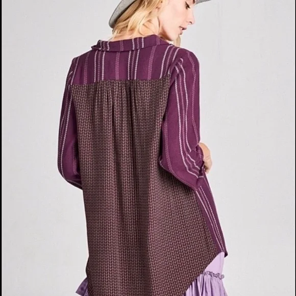 BOHO shirt woven knit TOP variegated stripe jacquard top S TRENDING deep Purple - Picture 8 of 16
